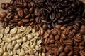 Four types of coffee beans of different roast top view