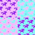 Four unicorn dreams pattern on pink and blue background with stars.