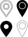Set of four different black and white location pin icons, various styles of map pointers, global positioning system symbol Royalty Free Stock Photo