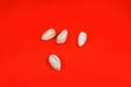 Four unopened pistachios on a bright red background