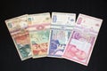 Four used Romanian banknotes. Old money.
