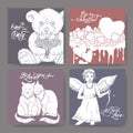 Four Valentine romantic banners with teddy bear, cake decorated with hearts, two cats, cupid and brush lettering.