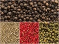 Four variations of peppercorns. Collage of various spices