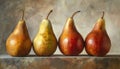 Four varieties of pears displayed together on a textured surface in soft light Royalty Free Stock Photo