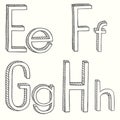 Four vector hand drawn 3 D dimensional letters of the Latin alphabet: E, F, G, H without filling.