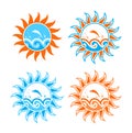 Four versions of waves and fish in sun