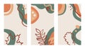 Four vertical backgrounds with autumn leaves in a hand drawn linear style on colorful abstract background.