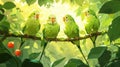 Four Green Parakeets Perched on Branch in Lush Sunlight Royalty Free Stock Photo