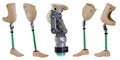 Four views of prosthetic legs and knee mechanism Royalty Free Stock Photo