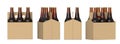 Four views of a six pack of brown beer bottles in cardboard box. 3D render, isolated on white background.