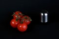 Four vine tomatos and salt shaker  on black background Royalty Free Stock Photo