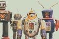 Four vintage rusted colorful tin toy robots