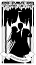 Four of wands. Tarot cards. Silhouette of young couple dancing under grapevine on four sticks. Palace in the background Royalty Free Stock Photo