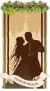 Four of wands. Tarot cards. Silhouette of young couple dancing under grapevine on four sticks. Palace in the background Royalty Free Stock Photo