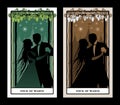 Four of wands. Tarot cards. Silhouette of young couple dancing under grapevine on four sticks. Palace in the background