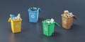 Four waste bins full of different types of garbage, top view