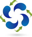 Four water drops and arrows, water and energy logo