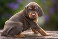 Four week old Sprizsla puppy - brown and tan colour Vizsla with red collar