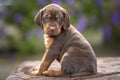 Four week old Sprizsla puppy - brown and tan colour Vizsla with red collar sitting down