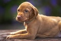 Four week old Sprizsla puppy - cross between a Vizsla and a Springer Spaniel. This puppy is light fawn in colour and looking away