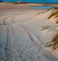 Four Wheel Drive car tire print on sand dune in the beach of Trafalgar, Cadiz, Spain Royalty Free Stock Photo