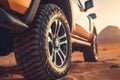 Four wheel drive SUV is driving in desert. Generative AI