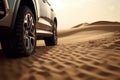 Four wheel drive SUV is driving in desert. Generative AI