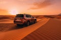 Four wheel drive SUV is driving in desert. Generative AI