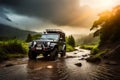 Four Wheel Drive Suv Is Driving On Muddy Road In Jungle. Jeep On Safari. Generative AI