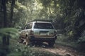 Four wheel drive SUV is driving on muddy road in jungle. Jeep on safari. Created with Generative AI