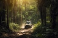 Four wheel drive SUV is driving on muddy road in jungle. Jeep on safari. Created with Generative AI