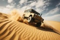 Four-wheel drive vehicle jump over sand dunes. Concept sense of adventure and excitement. Generative AI