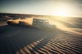 Four-wheel drive vehicle jump over sand dunes. Concept sense of adventure and excitement. Generative AI