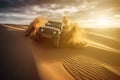 Four-wheel drive vehicle jump over sand dunes. Concept sense of adventure and excitement. Generative AI