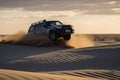 Four-wheel drive vehicle jump over sand dunes. Concept sense of adventure and excitement. Generative AI