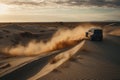 Four-wheel drive vehicle jump over sand dunes. Concept sense of adventure and excitement. Generative AI