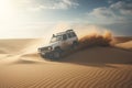 Four-wheel drive vehicle jump over sand dunes. Concept sense of adventure and excitement. Generative AI