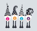 Four whimsical xmas gnomes in hat with balls and New Year 2024 numbers on gray background. Perfect for adding creativity Royalty Free Stock Photo