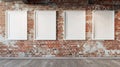 Four white empty frames displayed on brick wall mockup for stylish interior decoration Royalty Free Stock Photo