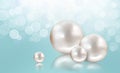 Four white pearls on aqua shimmering light background