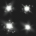 Four white starbursts with glowing sparkles on a transparent background. Vector Royalty Free Stock Photo