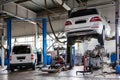 Four white used cars with an open hood raised on a lift for repairing the chassis and engine in a vehicle repair shop. Auto