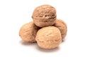 Four whole walnuts, close up macro, isolated on a white background. Royalty Free Stock Photo