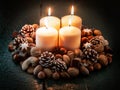 Four wide candles surrounded by nuts and cones
