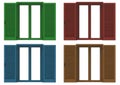 Four window open with colored venetian shutters, closeup front v