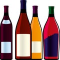 Four wine bottles with labels and different forms. Royalty Free Stock Photo