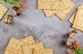 Four wine cups with matzah. Jewish holidays Passover concept