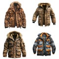 Four Winter Jackets with Fur Hoods Isolated on White Background Royalty Free Stock Photo