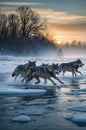 Wolves Pack Running Across Icy Water at Sunrise with bare trees Royalty Free Stock Photo