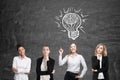 Four women brainstorm. Blackboardl. Light bulb Royalty Free Stock Photo